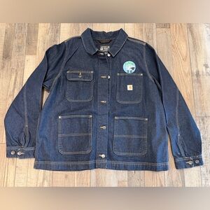 🌶️ NWT Carhartt Dark Blue Denim Jacket with Custom Patch. Size XXL
